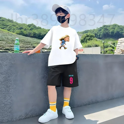 Children Black Tees Set Suitable Girls Boy Tshirt+Shorts 2pcs Kids Football Athletrint Short Sleeve White Summer Outfit