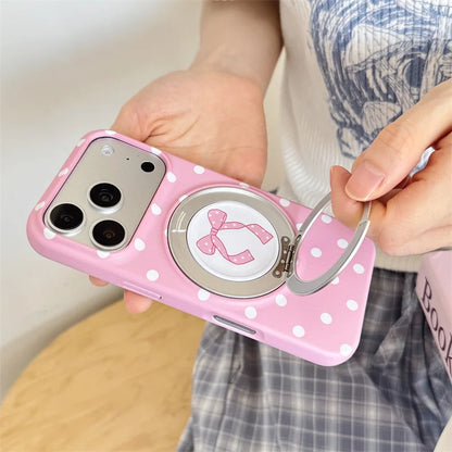 Pink Polka Dot Bow Phone Case For iPhone 17 16 15 Pro Max Cute Soft Shockproof Cover With 360°  Ring Stand Camera Protect