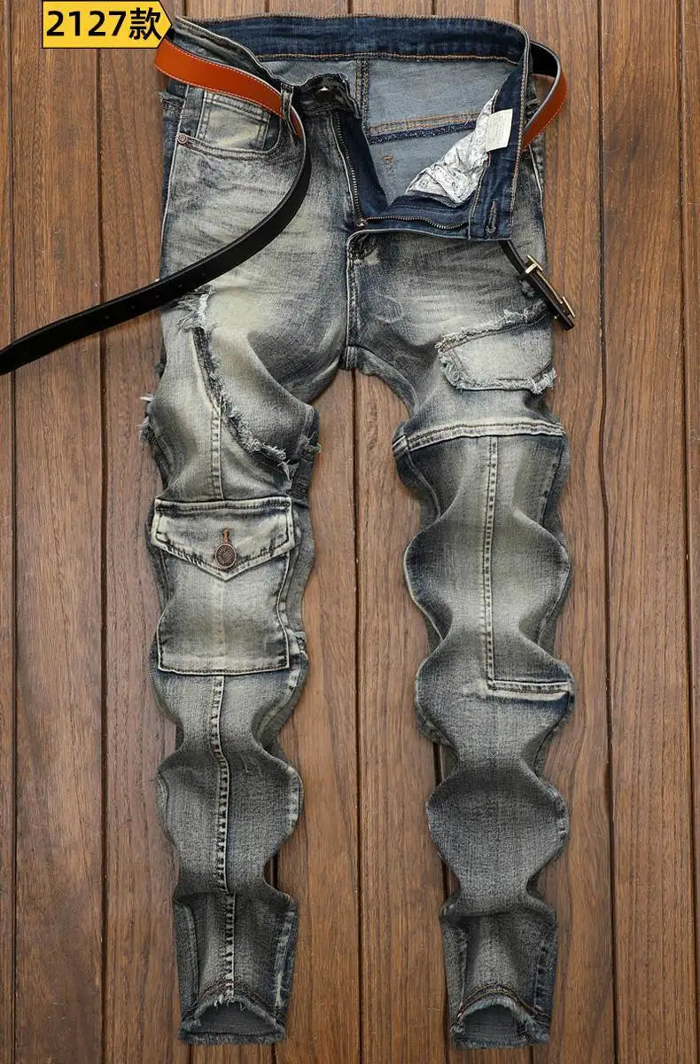 High Quality Fashion Luxury Retro Men's Denim Jeans Korean Style Vintage Casual Punk Motorcycle Designer Riding Cargo Jeans