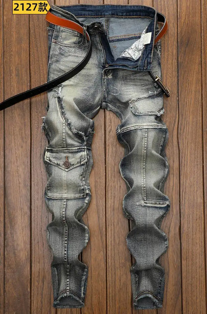 High Quality Fashion Luxury Retro Men's Denim Jeans Korean Style Vintage Casual Punk Motorcycle Designer Riding Cargo Jeans