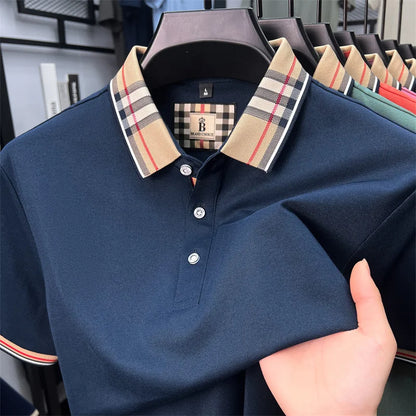 Fashion brand luxury short sleeve polo shirt men summer quality silky cotton breathable business casual striped collar T-shirt