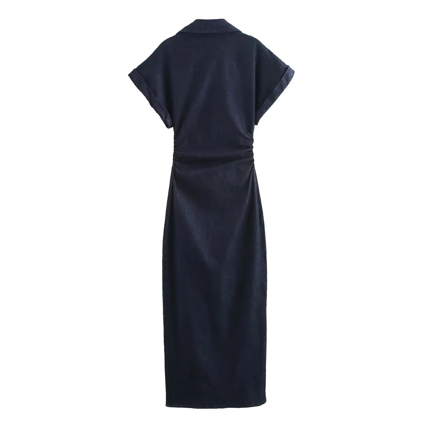 2025  Spring New 1975 series denim MIDI dress with lapel side zipper fashion wrinkle waist slim elegant dress