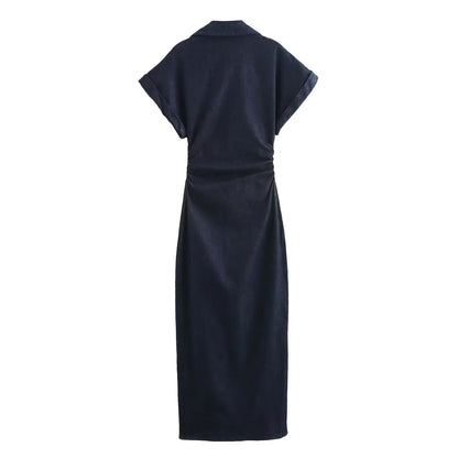 2025  Spring New 1975 series denim MIDI dress with lapel side zipper fashion wrinkle waist slim elegant dress