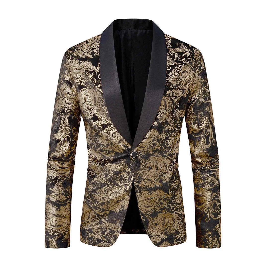 Men's Purple Print Suit Jacket Burgundy Long Sleeve Black Collar Single Button Coat for Wedding Party Stage Performance