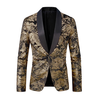 Men's Purple Print Suit Jacket Burgundy Long Sleeve Black Collar Single Button Coat for Wedding Party Stage Performance