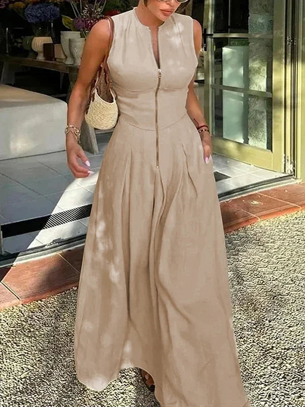 Office Lady Commute Pleated A-line Dress 2026 New Summer Fashion Solid Color Sleeveless Zipper Evening Maxi Dresses