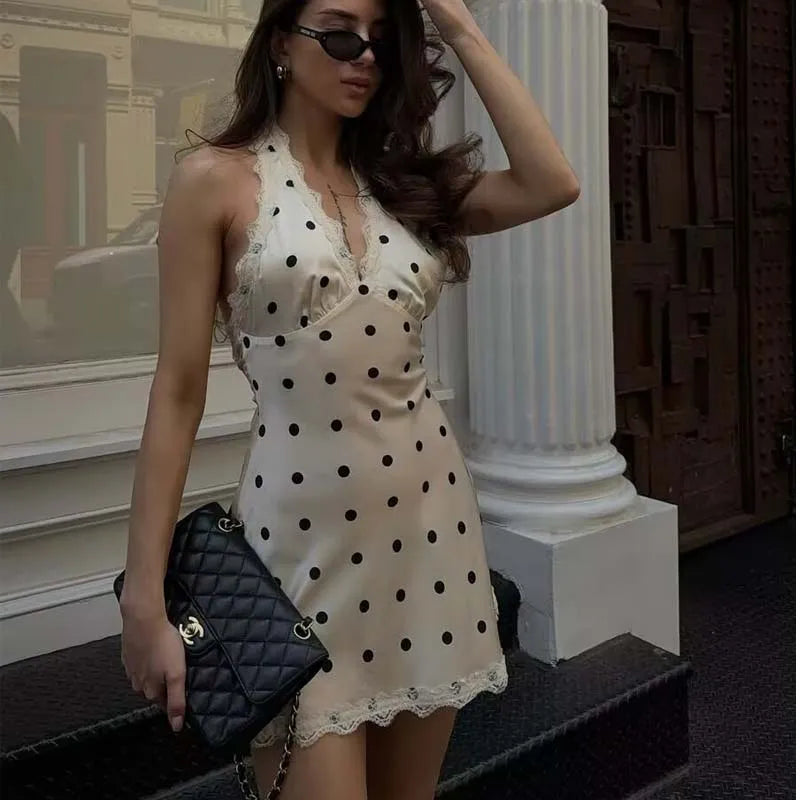Lace Spliced Polka Dot Halter Dress Women Elegant A-line Mini Sexy Backless Dresses Summer Robe 2025