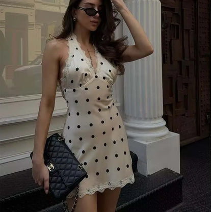 Lace Spliced Polka Dot Halter Dress Women Elegant A-line Mini Sexy Backless Dresses Summer Robe 2025