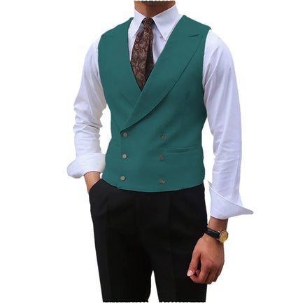 Men Vest Brown Solid Peaked Lapel Double Breasted Sleeveless Jacket Wedding Banquet Business Casual Slim Waistcoat