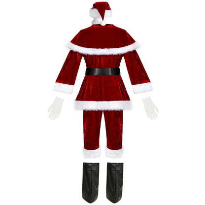 2024 New Man Santa Claus Suit Adult Christmas Cosplay Costume Red Deluxe Velvet Fancy 8pcs Set Xmas Party Family Costume Outfits