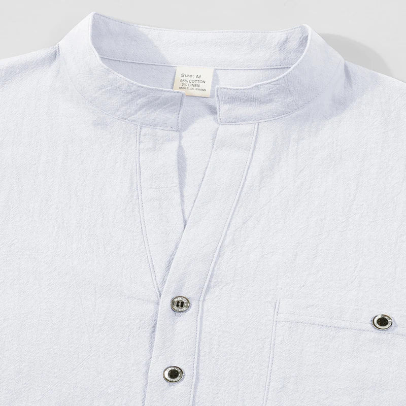 Men Mandarin Collar Long Sleeve Henley Cotton Linen Shirt Chest Pocket Breathable Beach Travel Daily Casual V Neck Top