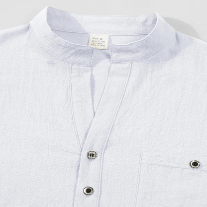 Men Mandarin Collar Long Sleeve Henley Cotton Linen Shirt Chest Pocket Breathable Beach Travel Daily Casual V Neck Top