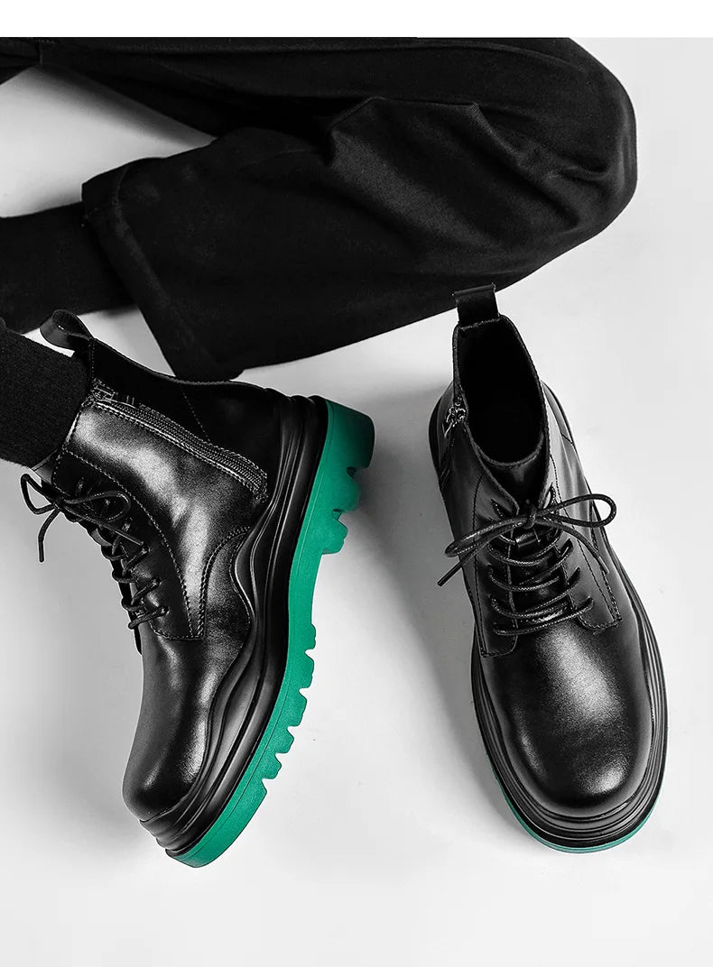 Fashion Mens Sheoes Platform Chelsea Boots Thick Bottom Split Leather Ankle Boots Male Footwear Round Toe Short Boots