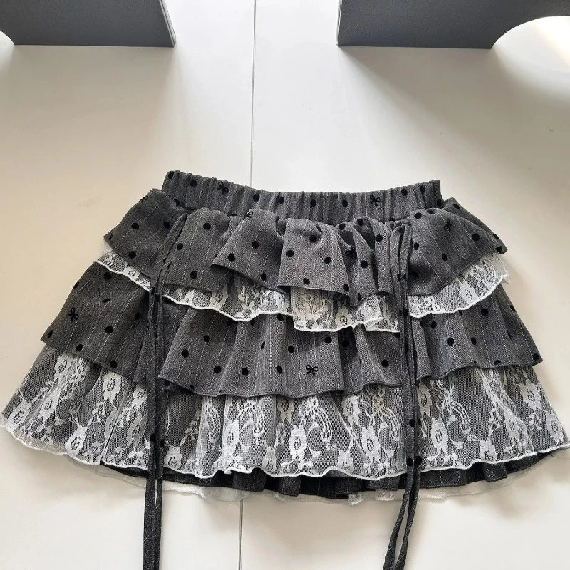 Y2k Harajuku Polka Dot Sweet Skirts Women Vintage Aesthetic High Waist Cake Mini Skirt Lace Patchwork Casual Bandage Kawaii Jupe