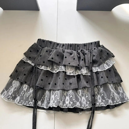 Y2k Harajuku Polka Dot Sweet Skirts Women Vintage Aesthetic High Waist Cake Mini Skirt Lace Patchwork Casual Bandage Kawaii Jupe