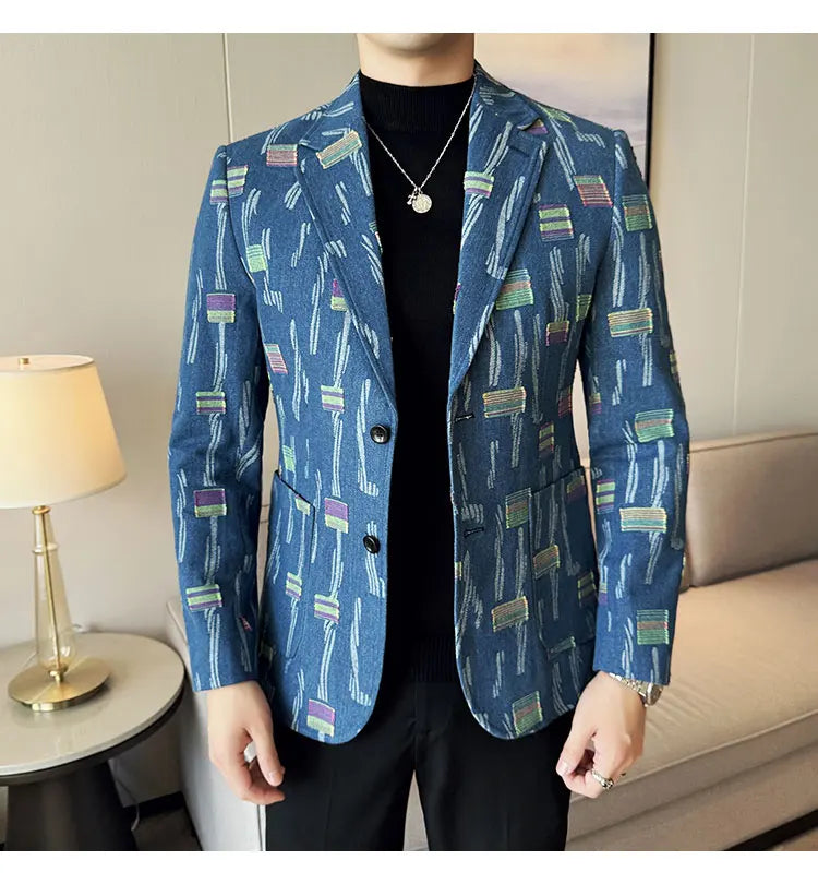2025 New Luxury Denim Jacquard Suit Coats Men Fashion Slim Fit Suit Casual Business Party Coat Uniform Wedding Social Tailcoat