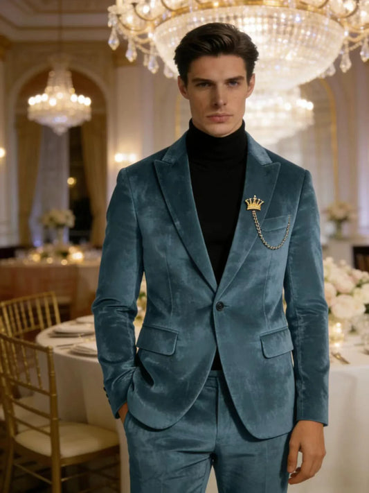 Men's Teal Velvet Blazer 1 Button Single Breasted Slim Fit Formal Wedding Party Suit Jacket
