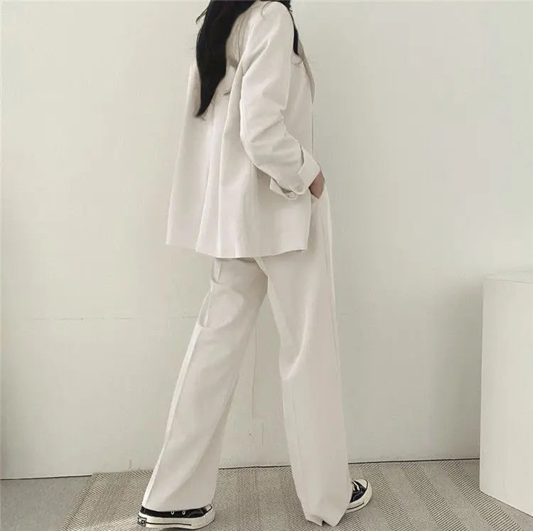 Casual Notch Lapel Suit Set with Button Thick Wide Leg Small Suit Pants High Waist Drape Polyester Business Lady Style Women