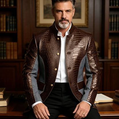 Men's Crocodile Embossed Leather Brown Jacket Patchwork Denim Stand Collar Slim Fit Luxury PU Blazer For Business Casual Party