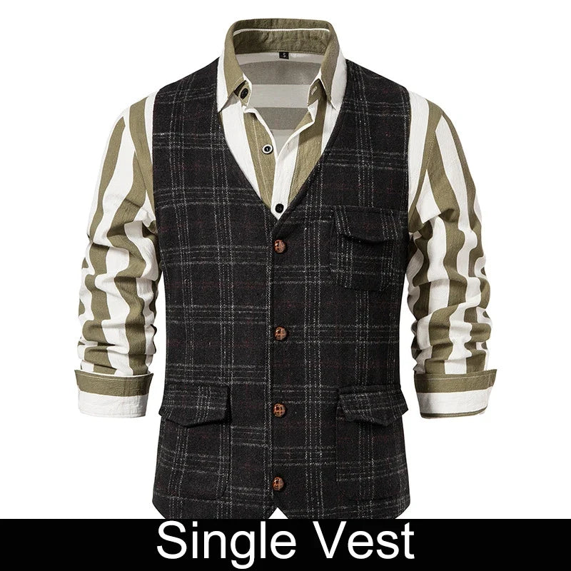 Suit Vest Men British Style Plaid Single-breasted Pocket Man Waistcoat Business Casual Slim Sleeveless Male Vest