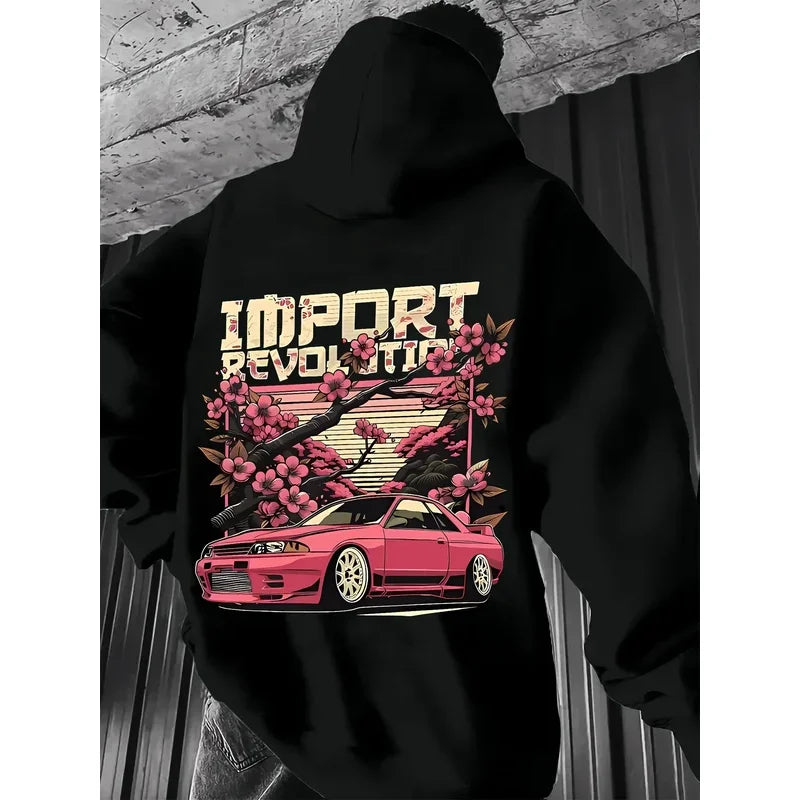 2026 Men's Car Print Hoodie Y2K Streetwear Fashion Hooded Sweatshirt Casual Comfortable Pullover Top