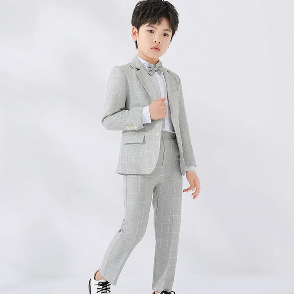 Boys Suit Wedding Ring Bearer Outfit Kids Suit Set Plaid Striped Blazer Suit Pants Bow Tie Pink Suit 2-14Years