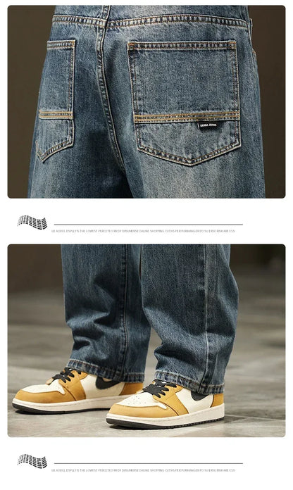 Thick Vintage Jeans Men's Winter Straight Warm Fleece Baggy Thermal Denim Trousers Fashion Korean Wide Male Plush Pants