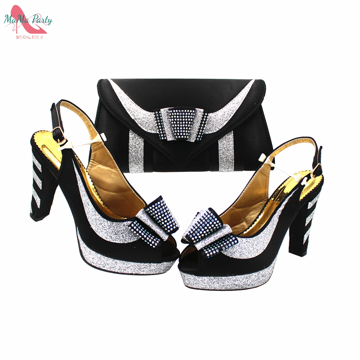 2021 Specials Design Black Color Nigerian Women Shoes and Bag Set High Quality Slingback Sandals with Appliques for Wedding
