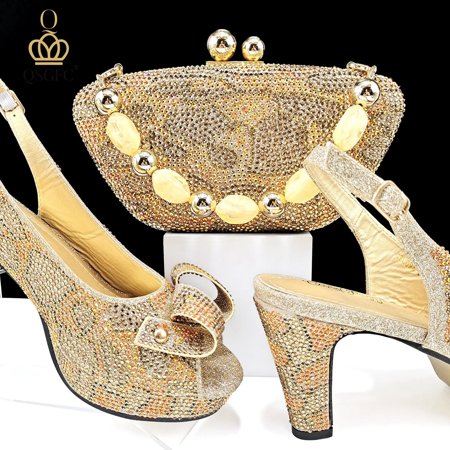 Italian Design Hard Bag & Open Toe High Heels Set Fuchsia Color Blocking Hot Rhinestones Fashion Sexy Women High Heels