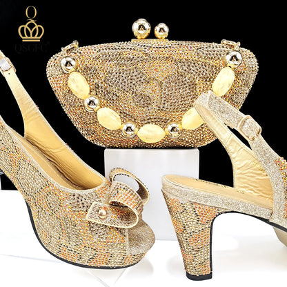Italian Design Hard Bag & Open Toe High Heels Set Fuchsia Color Blocking Hot Rhinestones Fashion Sexy Women High Heels