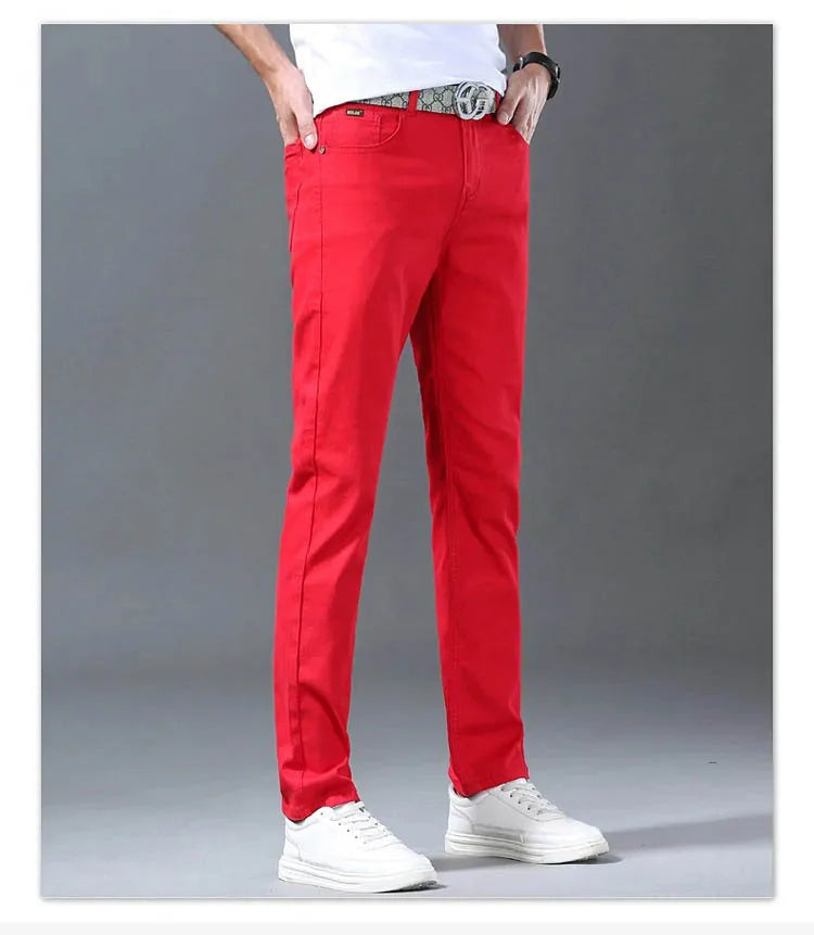 Men Classic Version Slim Stretch Trousers Clothing Red Straight Jeans Fashion High Quality Casual  Denim Pants Male 36 40