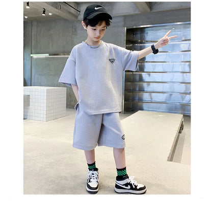 Summer Casual Boys Jacquard Loose T-Shirt Tops+Shorts Pant School Kids 2PCS Tracksuit Child Outfits Student Workout Set 3-14 Yr
