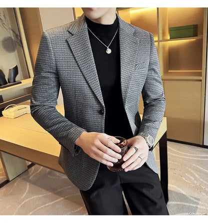 Men's Elegant Grid Suit Jacket 2026 Spring New Fashion Slim Blazer Jackets Social Prom Dress Jacket Men's High Quality Clothing