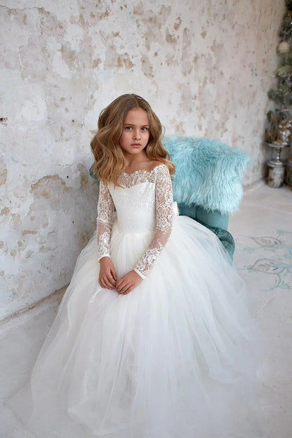 Customized Full Sleeves Flower Girl Dress Bohemian Tulle Ivory White Lace Bow Girls First Communion Gown Junior Bridesmaid Dress