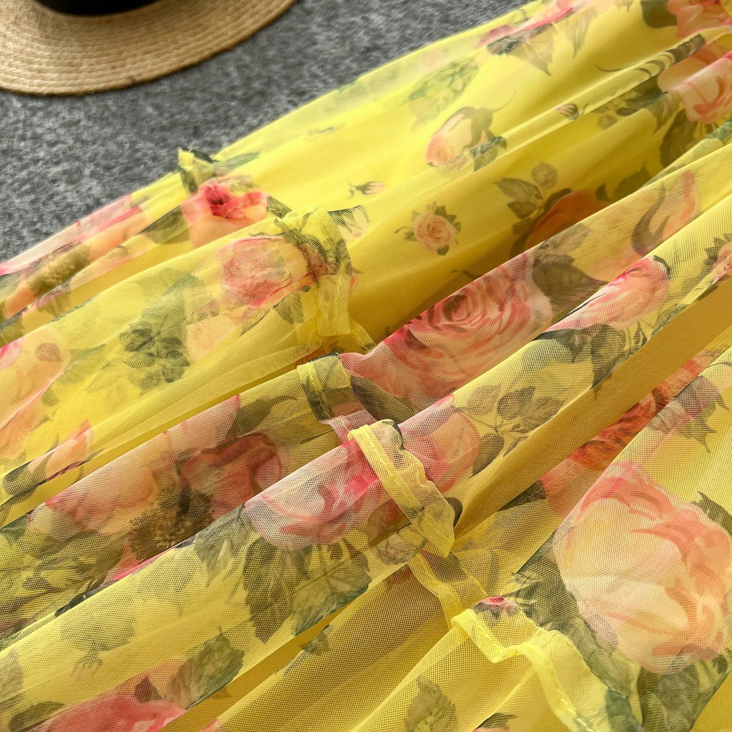 Retro Floral Chiffon Dr Women's Waist Cinched Bubble Sve Me Skirt Tea Break Gentle Soft Sle Korean High Waist A-Lin...