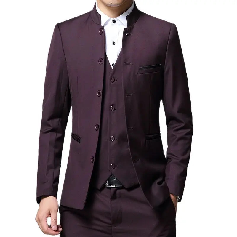Black Stand Collar Men's 3-Piece, Wedding Party Blazer Jacket and Vest with Pants, Blue Asian Size Slim Fit Sets.