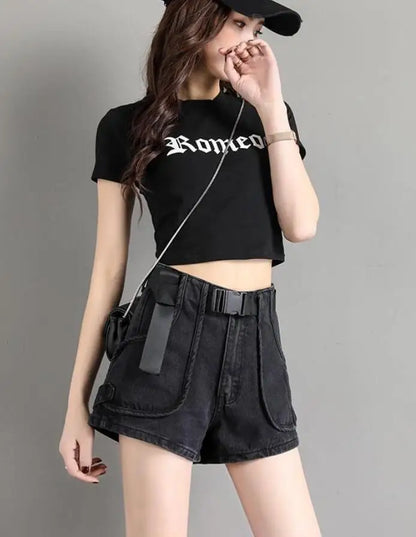 Punk Womens Denim Shorts Cargo Black Biker Short Pants For Women To Wear With Waist Pocket Outdoor Offer High Quality Hot Jeans
