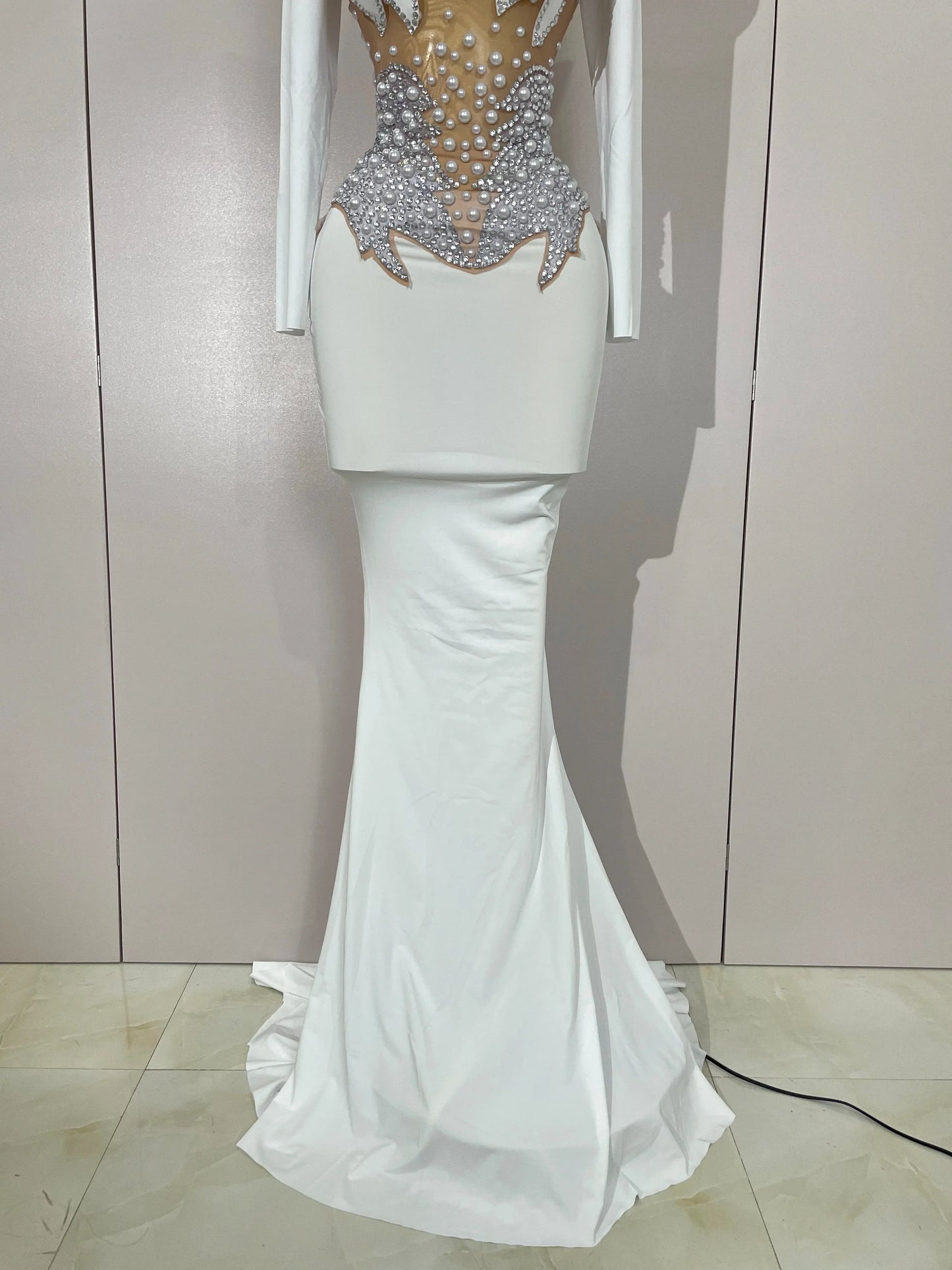Luxury Sparkly Diamonds Pearl White See Through Mesh Long Dress Women Wedding Evening Party Stage Performance Photoshoot Dress