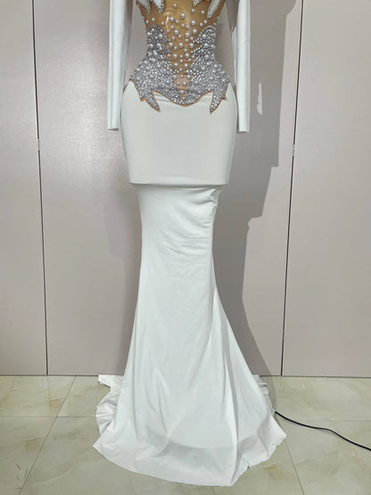 Luxury Sparkly Diamonds Pearl White See Through Mesh Long Dress Women Wedding Evening Party Stage Performance Photoshoot Dress