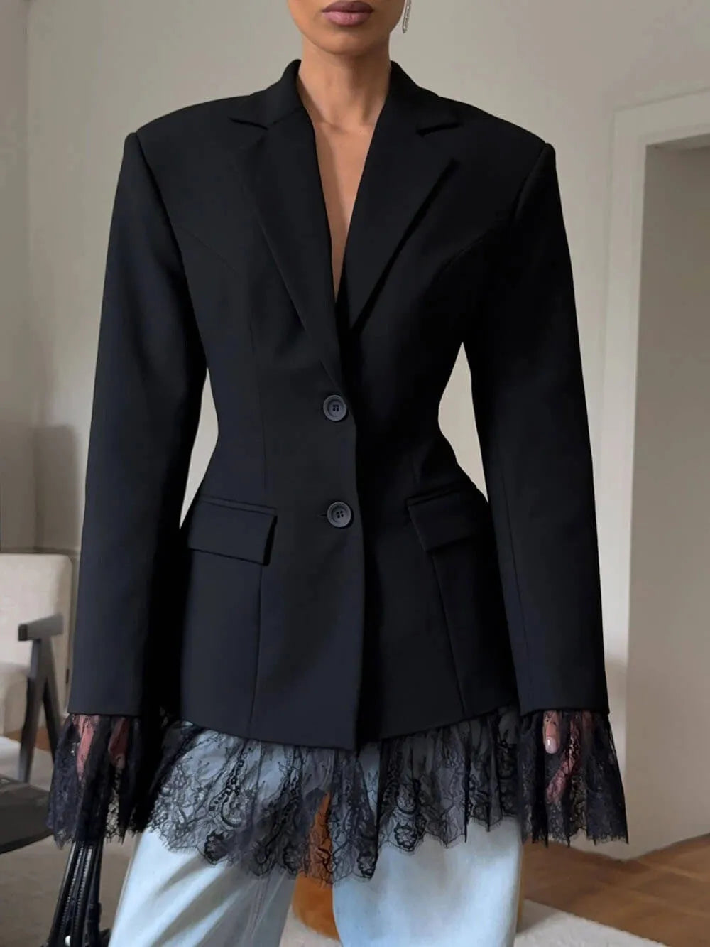 2026 New Women's Lace Splice Slim Fit Suit Jacket Korean Style Commute Design Sensation High Waist Waist-Cinching Outerwear