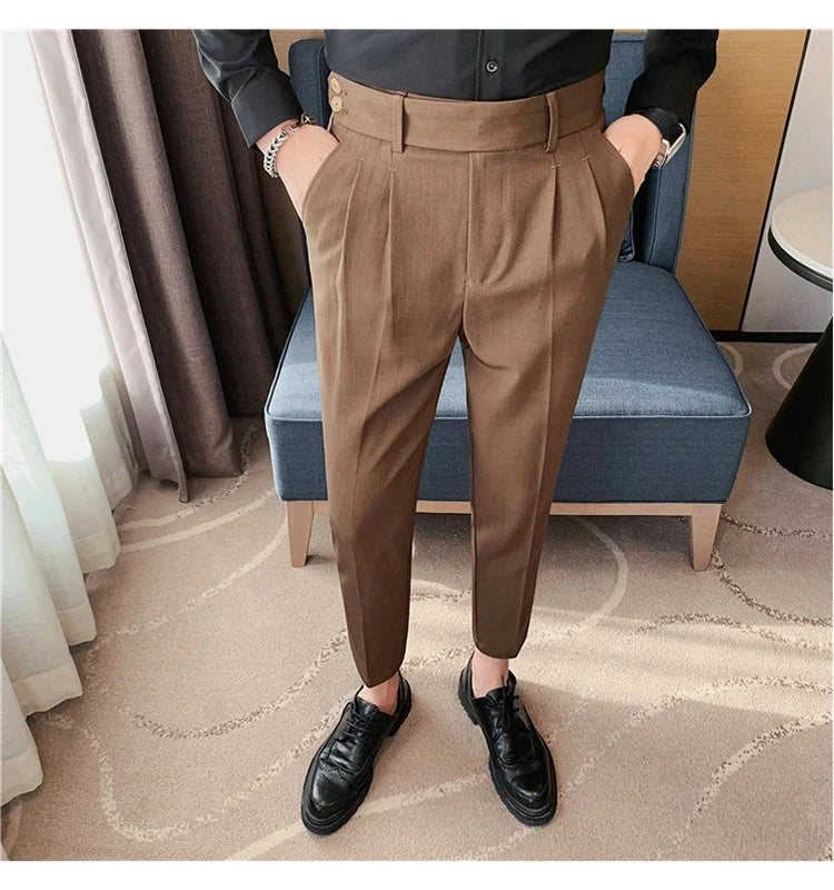 British Style Twill Pleat Design Naples High Waist Casual Trousers Fashion Man Slim Simple Social Party Suit Pant Plus Size 38