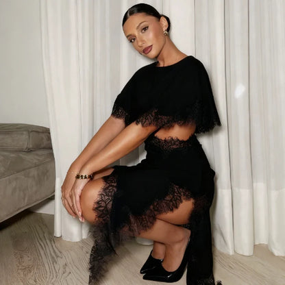 Cut Out Black Dress Woman Asymmetrical Lace Midi Dress Cape Sleeve Elegant Party Dresses Women Sexy Luxury Cocktail Dress