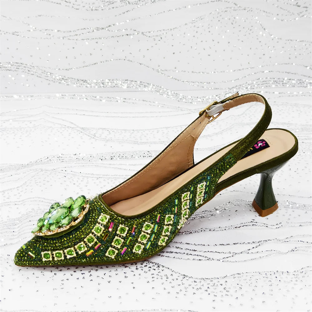 2025 Elegant Fruit Green Women's Green Heels and Rhinestone Handbag Set - Italian Design for Weddings and Parties