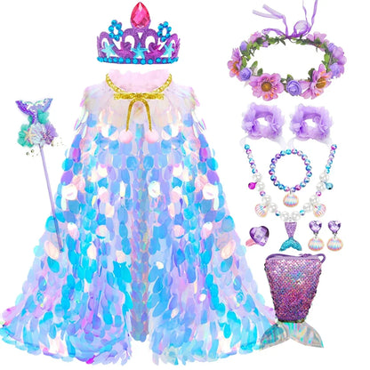 Halloween Costume Mermaid Dress Girl Ruffles Shell Fishtail Frocks Ariel Fantasy Luxury Princess Gown Children Fancy Fairy Dress