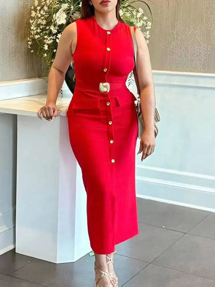 Female Summer Elegant Midi Dress O-Neck Hem Slit With Belt Sleeveless Single Breasted Back Zipper Fashion Long Dress