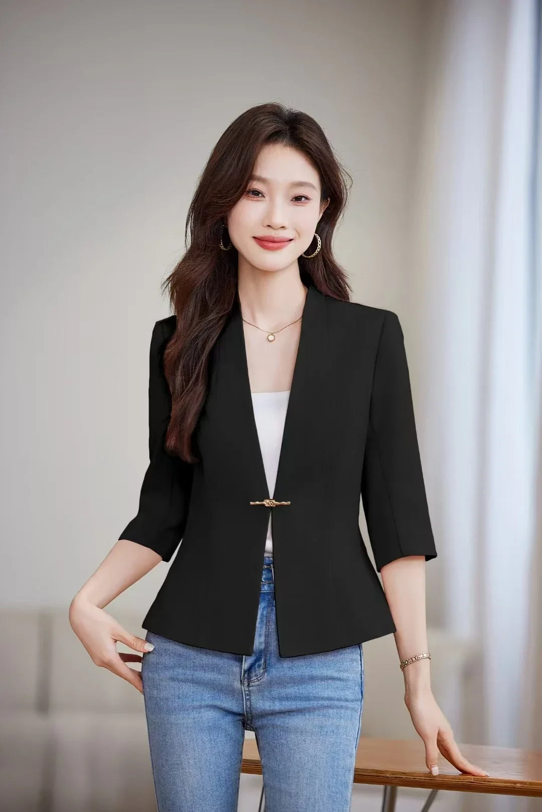 Women's Slim Fit Blazer Spring Summer Fashion Solid Color Single Button Jacket Office Lady Coat Top New Arrival 2025