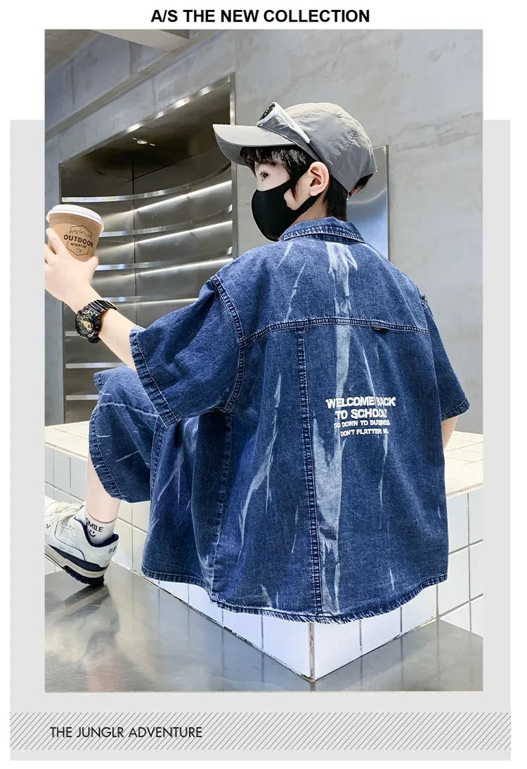 Cool Summer Set for Boys Denim Top and Bottom Set Kids Child Short Sleeve Shirt And Shorts 2 Pieces Outfits Suit Age 5-14 Years