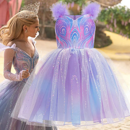 Good Witch Costume Girls Glinda Costume Dress Kids Wicked Cosplay Dress Up Outfits for Birthday Halloween 4-10Y