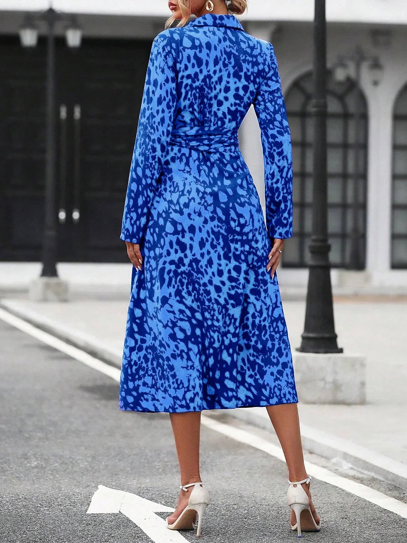 Elegant Random Print Button Down Shirt Dress Women's Long Sleeve Belted Waist Midi Dress Spring Fall Office Casual Dress