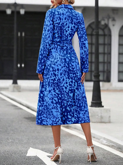 Elegant Random Print Button Down Shirt Dress Women's Long Sleeve Belted Waist Midi Dress Spring Fall Office Casual Dress